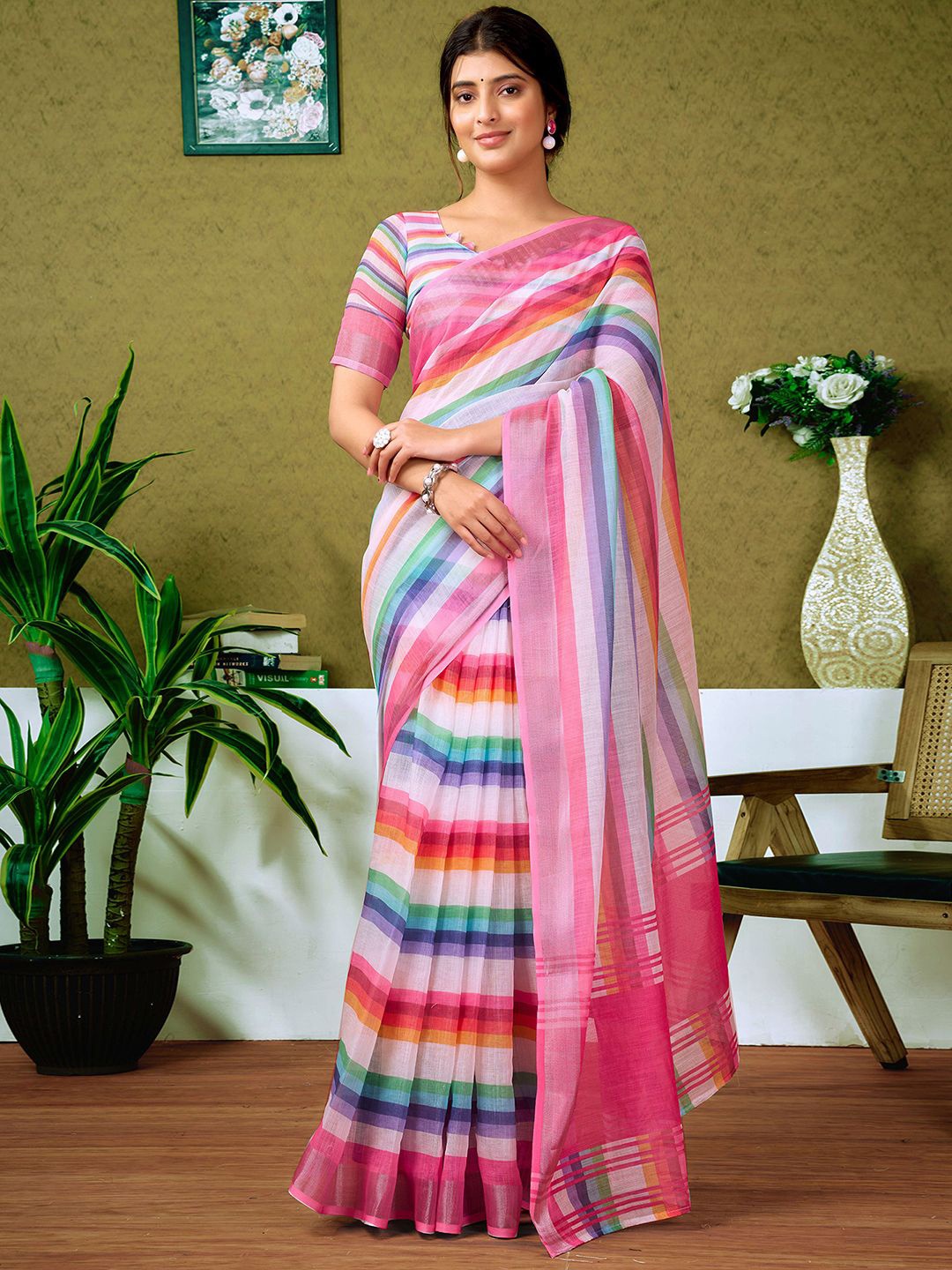 

all about you Striped Zari Pure Linen Ready to Wear Saree, Pink