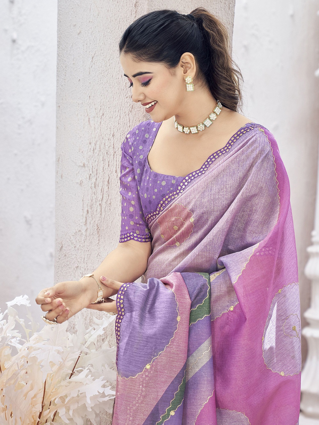 

TASRIKA Mirror Work Tissue Saree, Purple