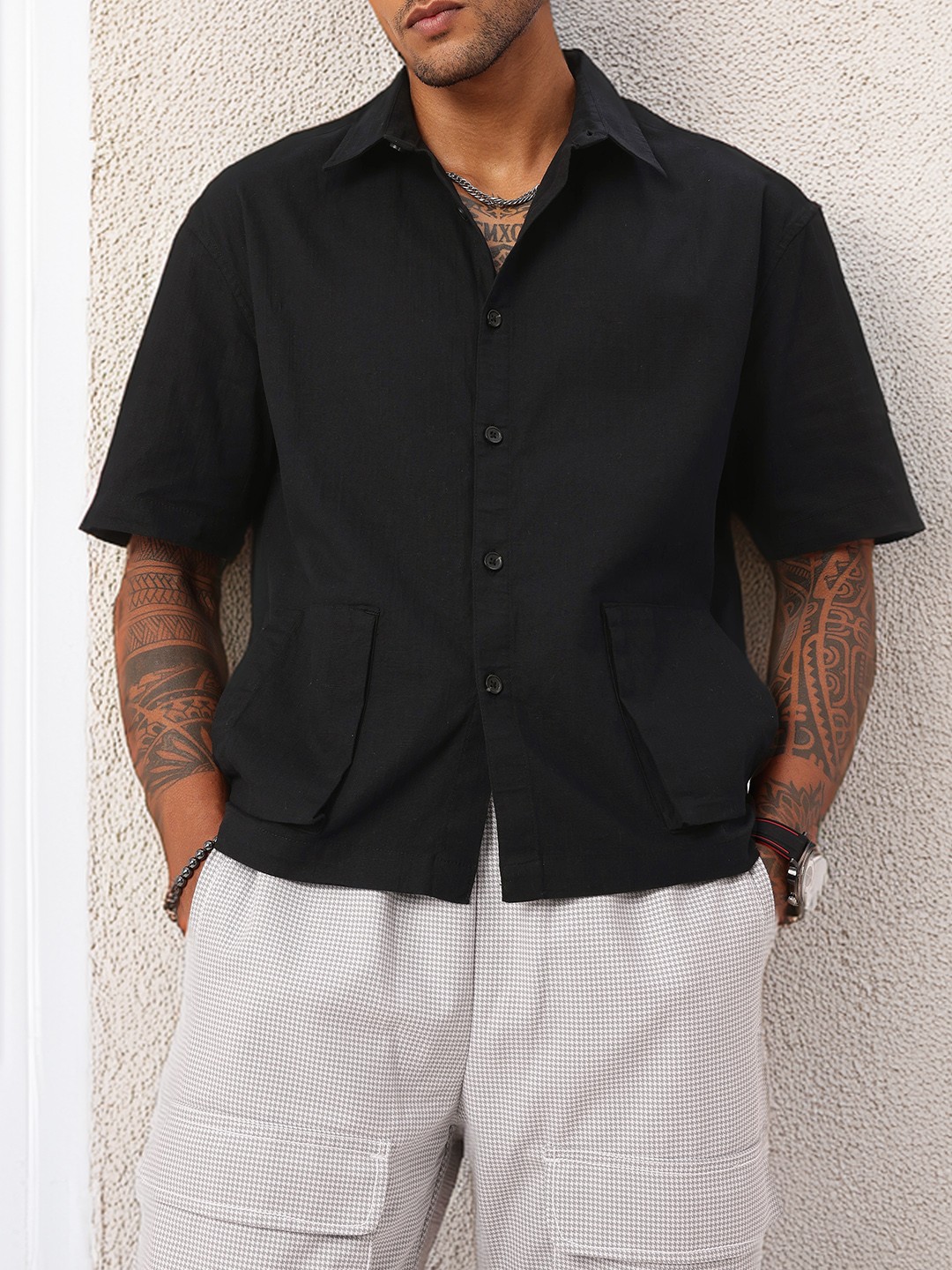 

Kook N Keech Utility Style Drop-Shoulder Boxy Fit Shirt, Black