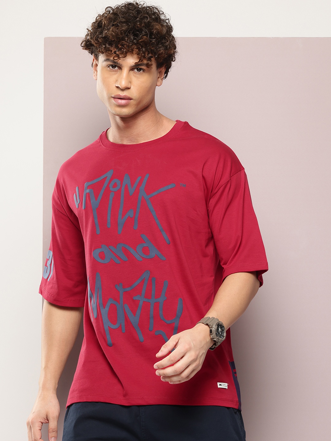 

Kook N Keech Printed Drop-Shoulder Sleeves Pure Cotton Oversized T-shirt, Maroon