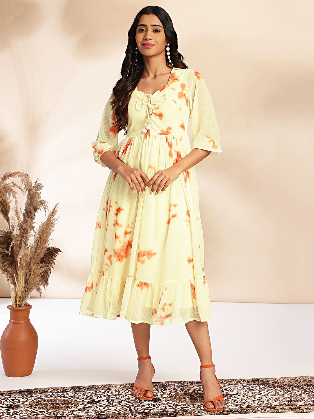

KALINI Flared Sleeve Georgette Fit & Flare Midi Dress, Yellow