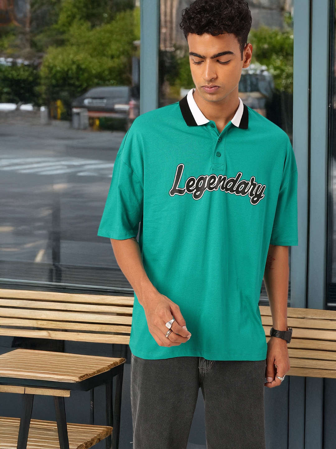 

Kook N Keech Urban Cool Typography Printed Polo Collar Oversized T-shirt, Turquoise blue
