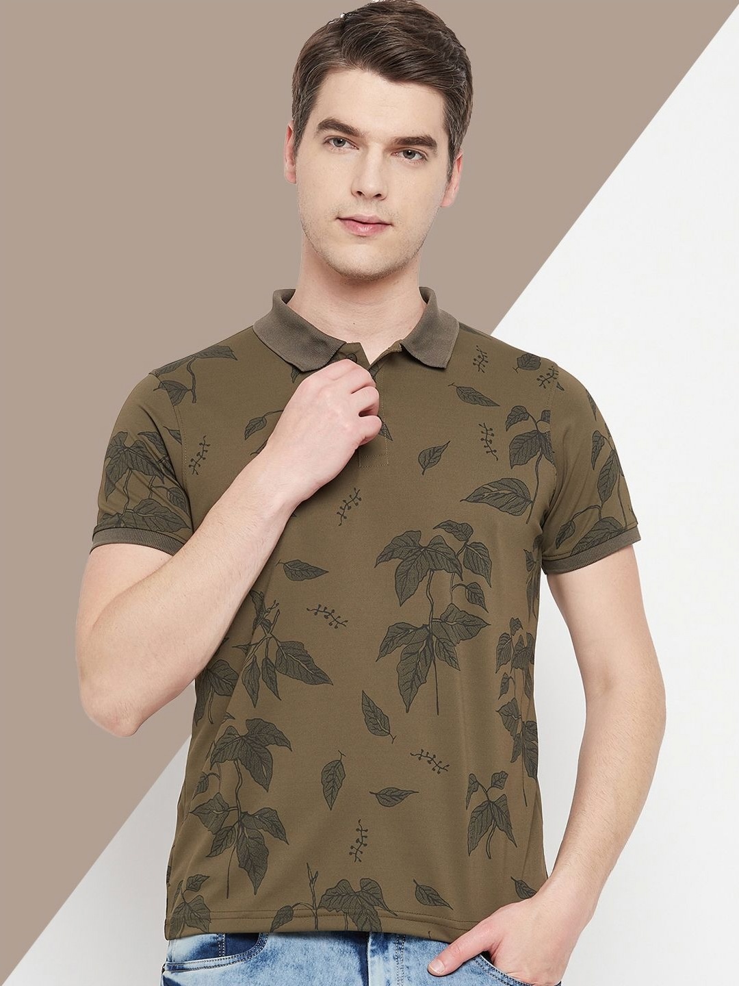 

OGEN Men Floral Printed Polo Collar Tropical Pockets T-shirt, Olive