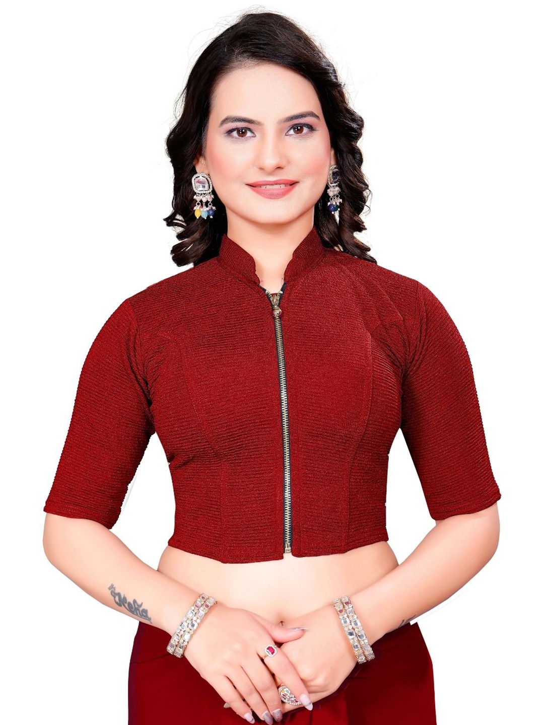 

SS Sanket Synthetics High Neck Front Full Zip Blouse, Red