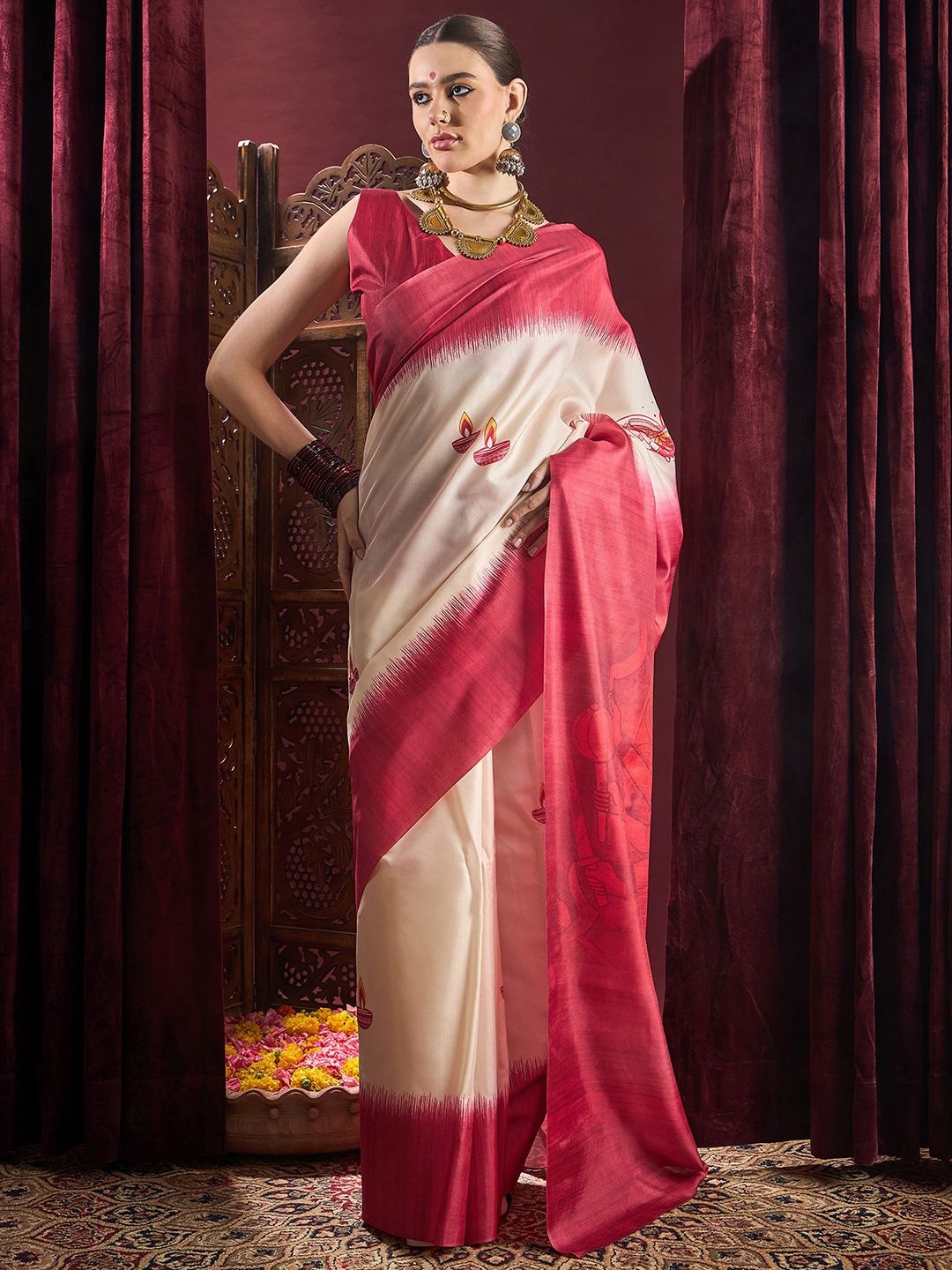 

Mitera Ethnic Motifs Silk Blend Garad Saree, Off white