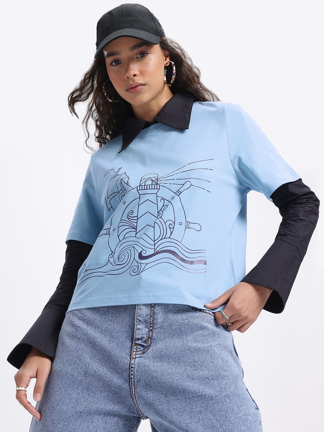 

glitchez Graphic Revolution Drop-Shoulder Sleeves Crop Boxy T-shirt, Blue