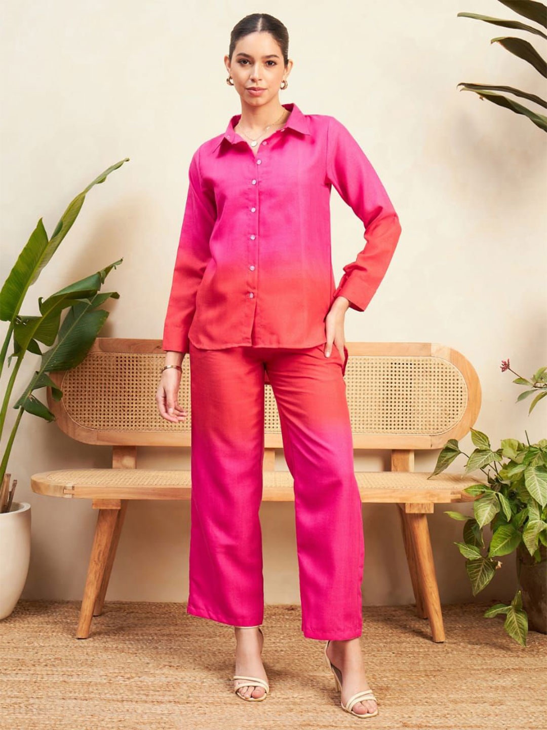 

HIGH BUY Colourblocked Long Sleeves Shirt with Trousers, Pink
