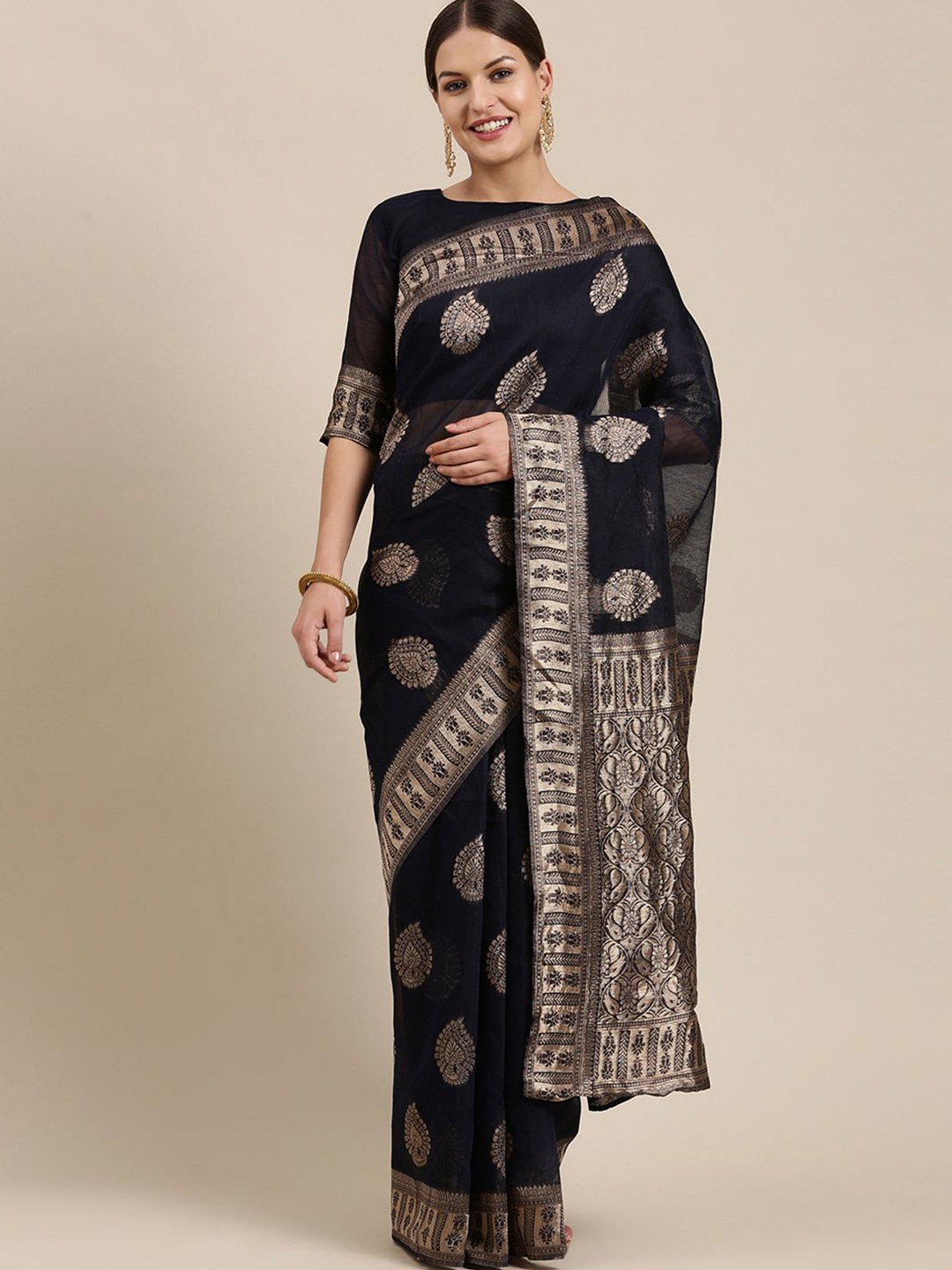

Anouk Rustic Woven Design Zari Linen Blend Banarasi Saree, Navy blue
