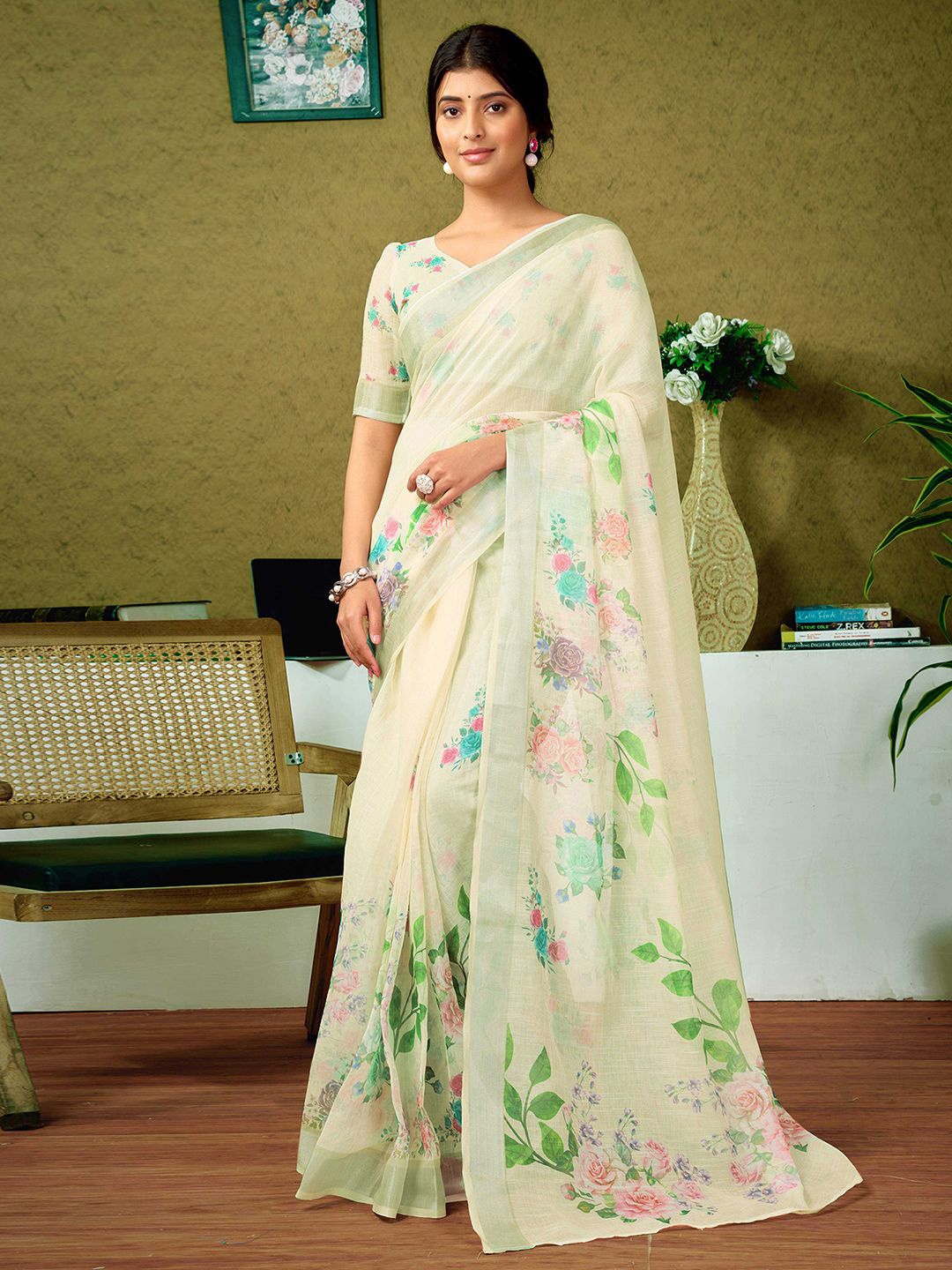 

all about you Floral Zari Pure Linen Ready to Wear Saree, Cream