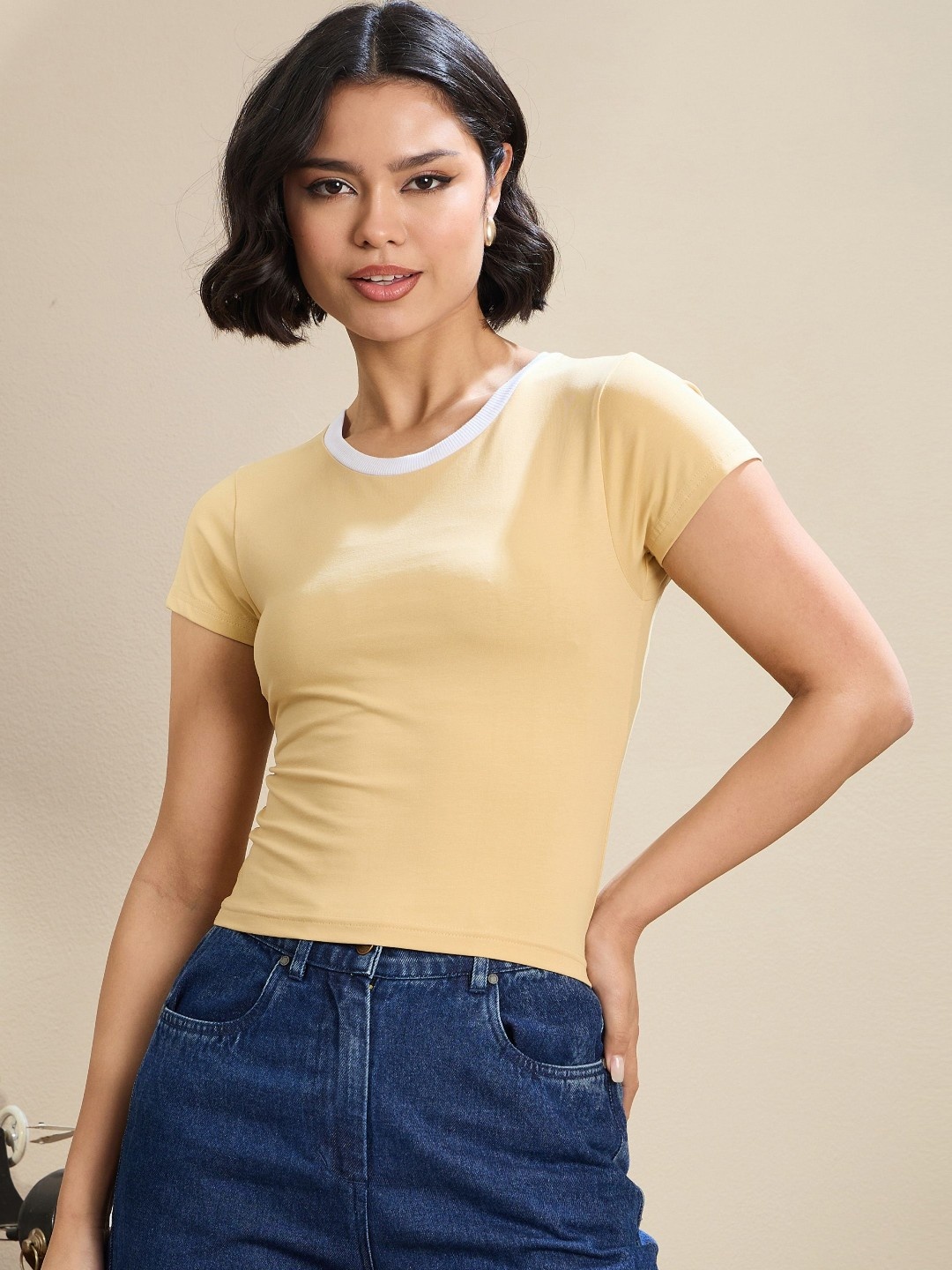 

SASSAFRAS BASICS Women Slim Fit T-shirt, Beige