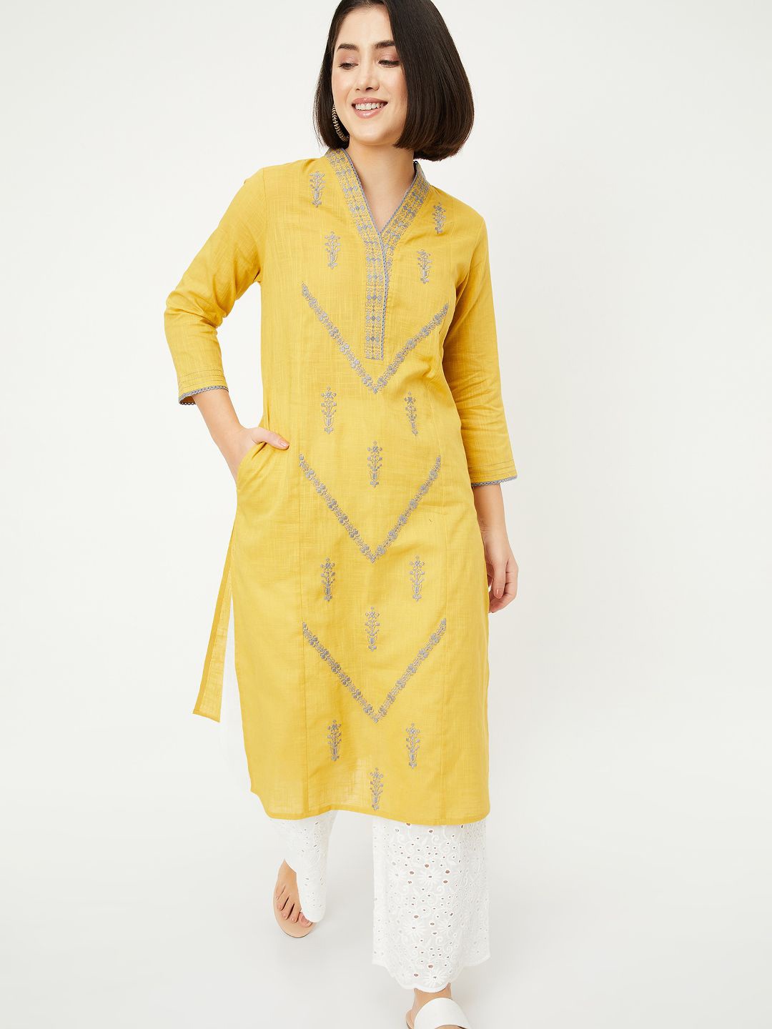 

max Geometric Embroidered Thread Work Cotton Straight Kurta, Yellow