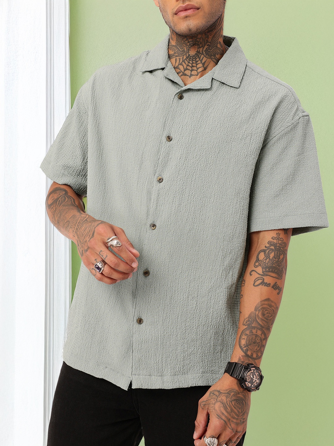 

WROGN Urban Cool Seersucker Textured Oversized Shirt, Grey