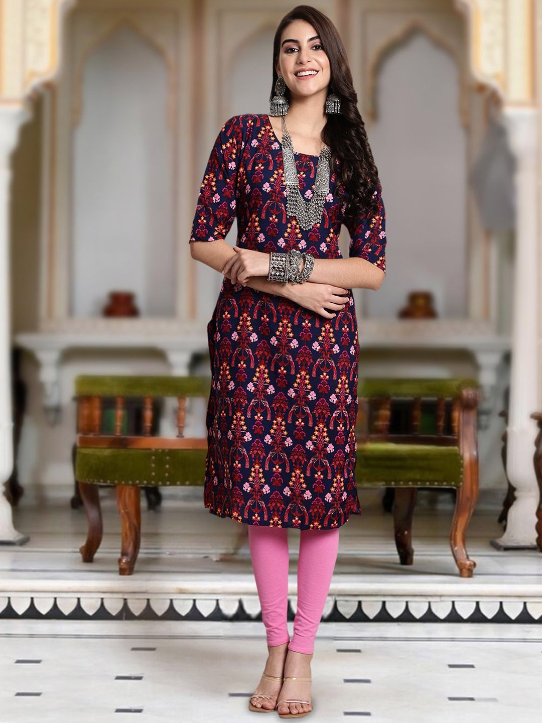 

Moda Rapido Floral Printed Round Neck Straight Kurta, Blue
