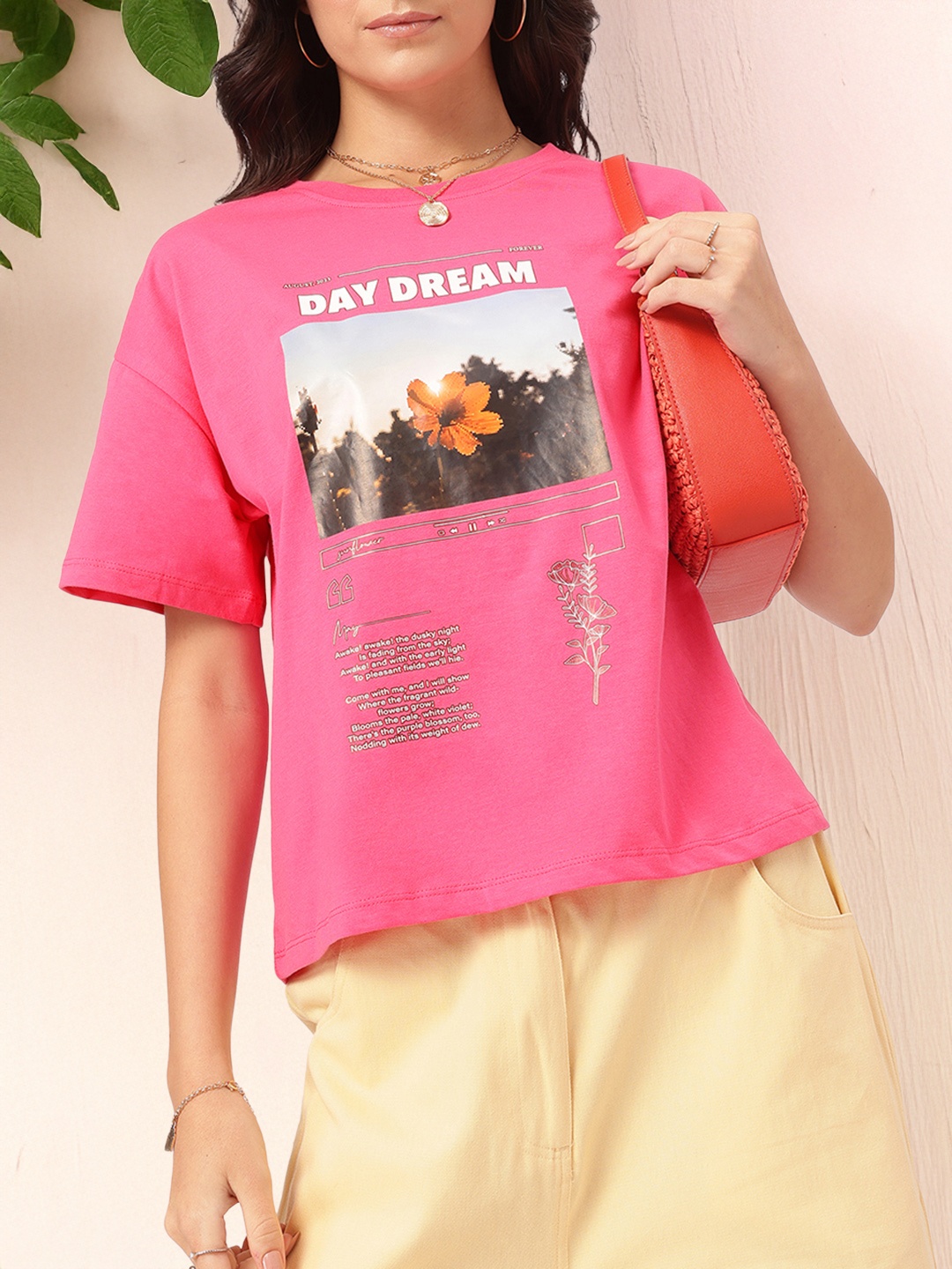 

DressBerry Cute and Edgy Printed Relaxed T-Shirt, Pink