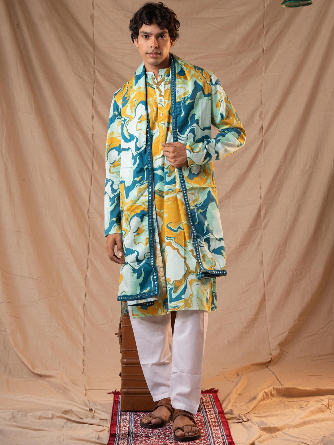 

5 Stitch Abstract Printed Band Collar Straight Kurta, Green