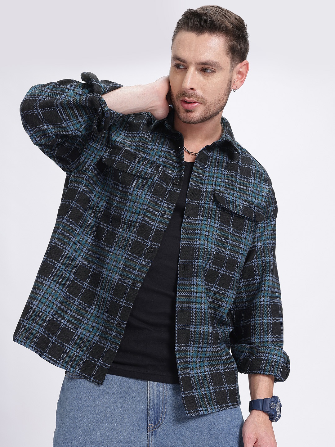 

glitchez Comfort Essentials Checked Relaxed Shirt, Black