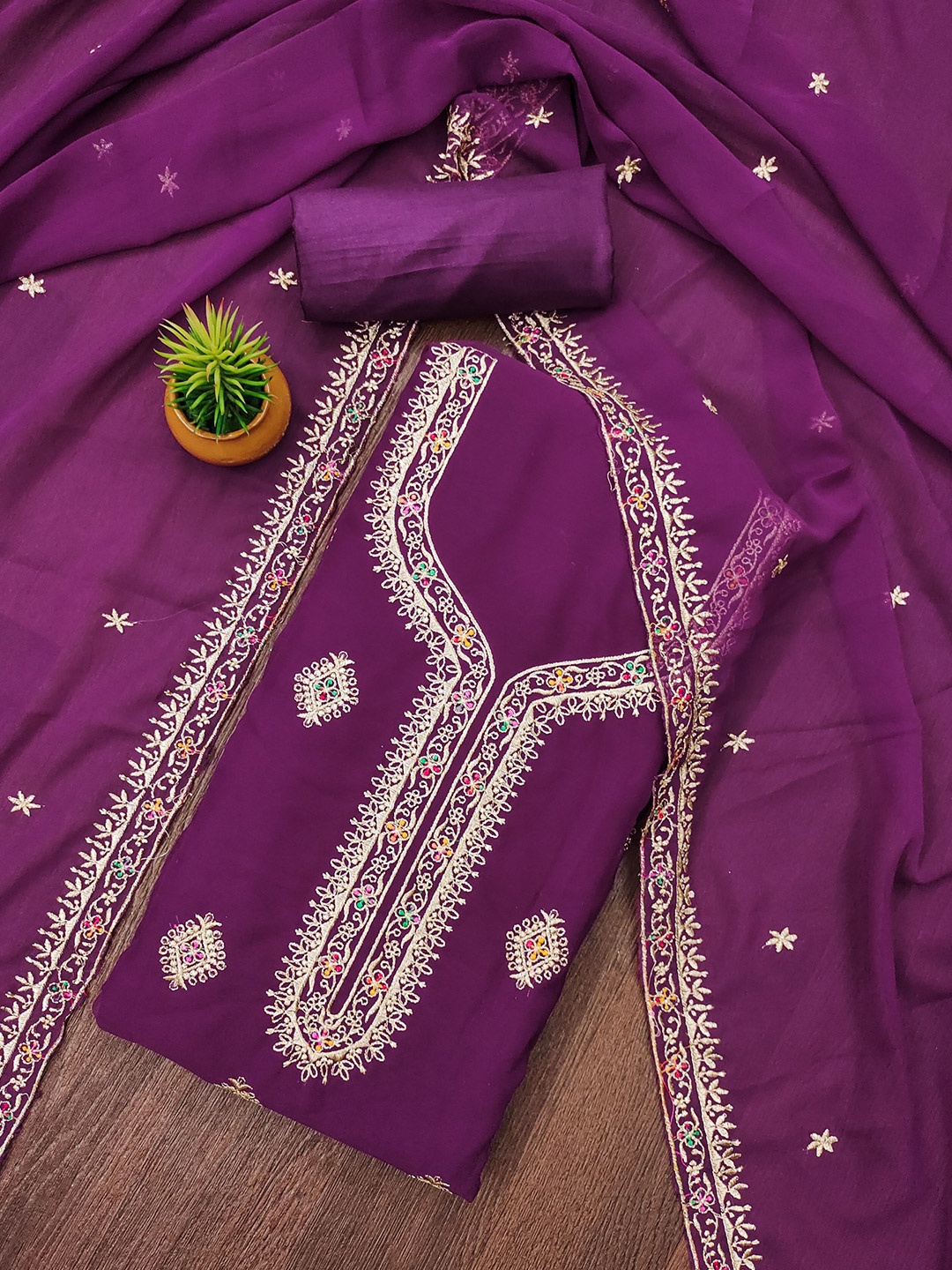 

Rangtulika Floral Embroidered Unstitched Dress Material, Purple