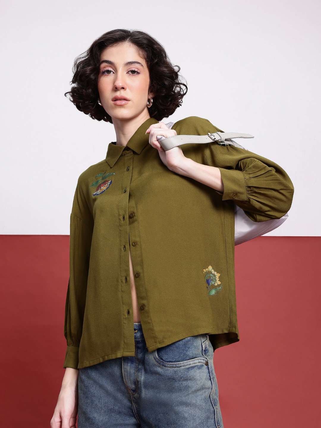 

DressBerry Indie Blossom Printed Relaxed Fit Shirt, Olive