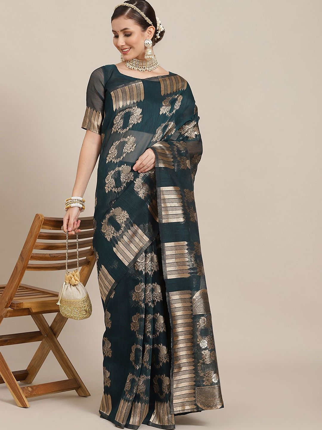 

Anouk Rustic Woven Design Zari Banarasi Saree, Teal