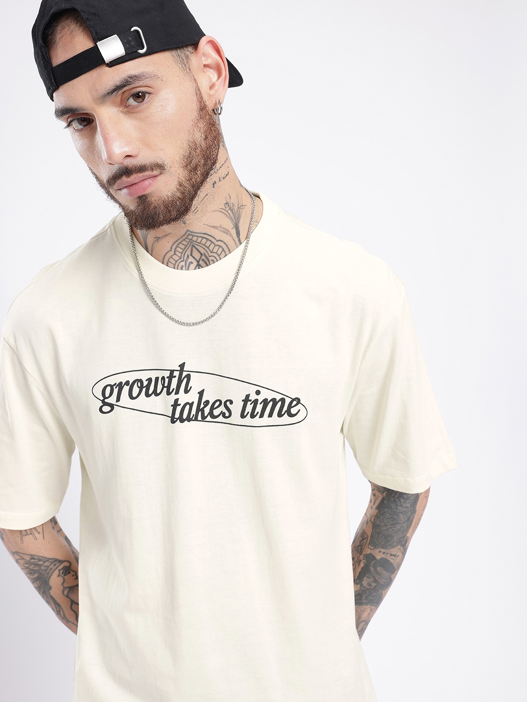

glitchez Street Cool Typography Printed Relaxed Fit T-shirt, Cream