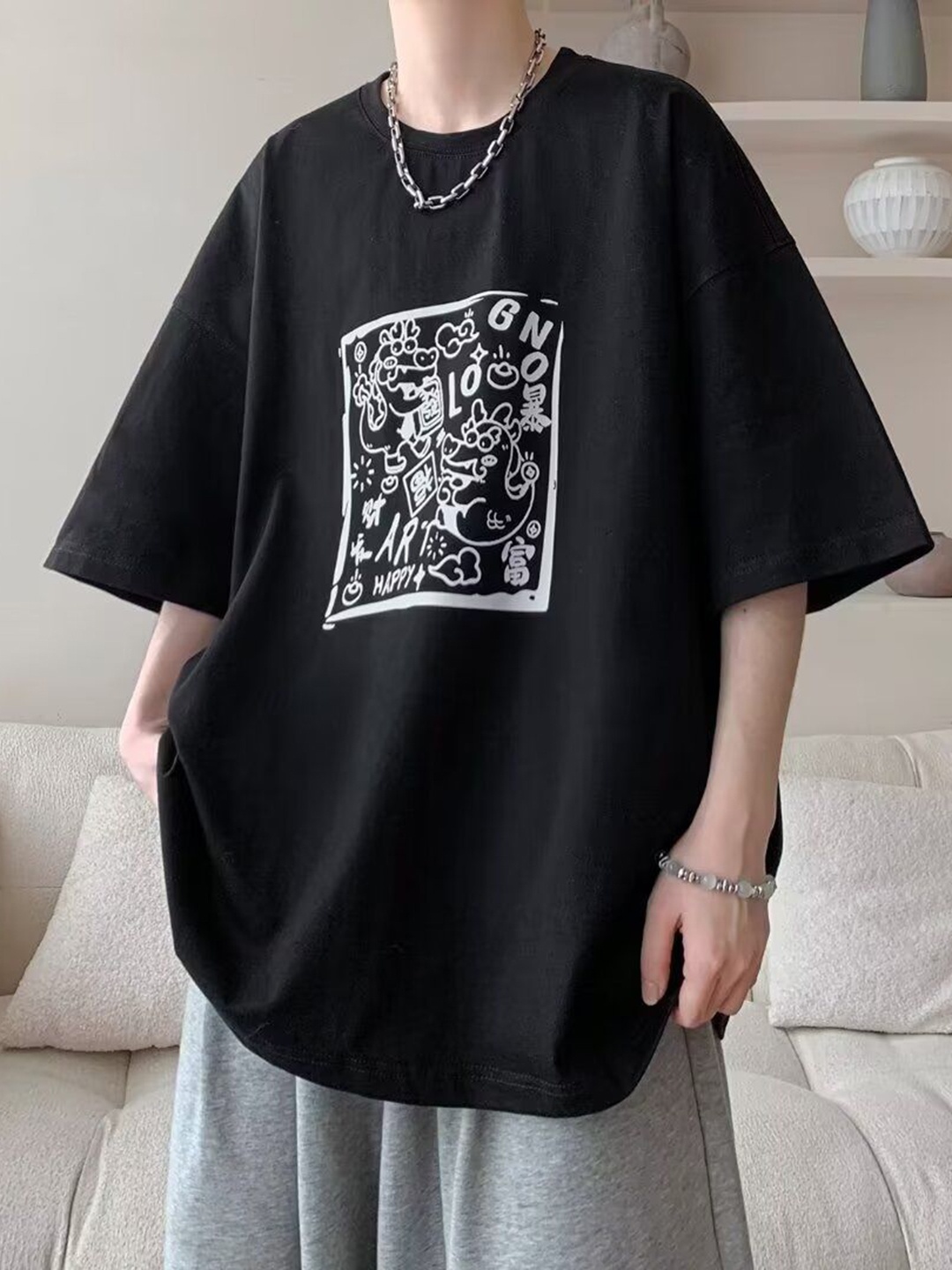 

HERE&NOW Men Printed Boxy T-shirt, Black