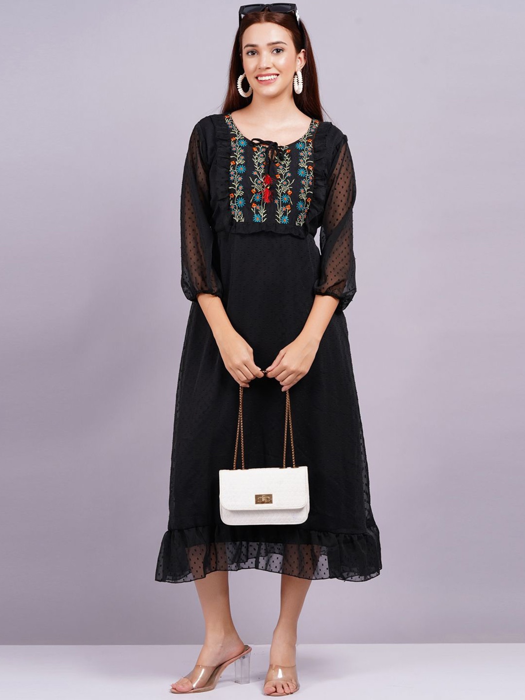 

AARDRAA Embroidered Puff Sleeve Georgette Fit & Flare Midi Dress, Black