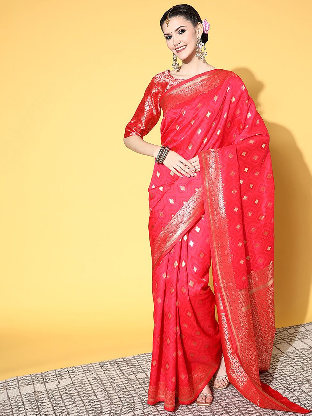 

Anouk Rustic Woven Design Zari Silk Blend Dharmavaram Saree, Pink