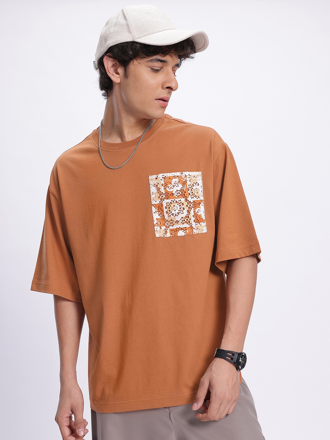 

glitchez Brewing Embers Drop-Shoulder Sleeves Contrast Pocket T-shirt, Rust