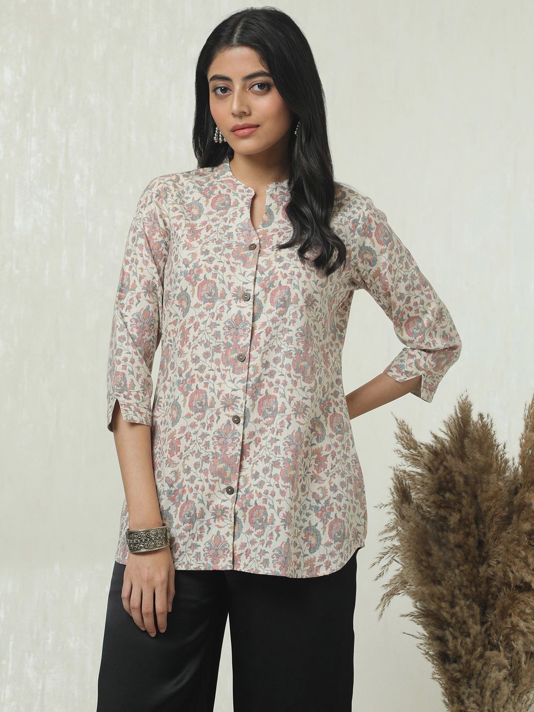 

Soch Linen Mandarin Collar Printed Tunic, Beige