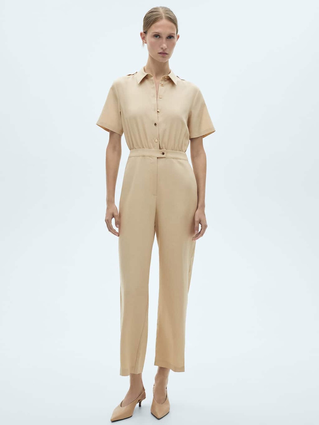 

MANGO Shirt Collar Basic Jumpsuit, Beige