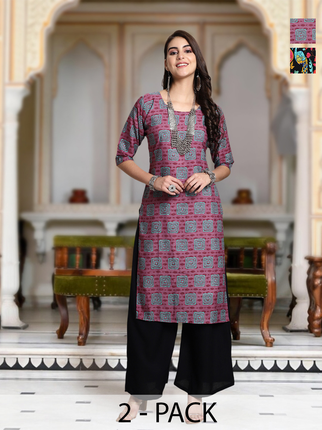 

Moda Rapido Selection Of 2 Geometric Printed Round Neck Straight Kurta, Grey