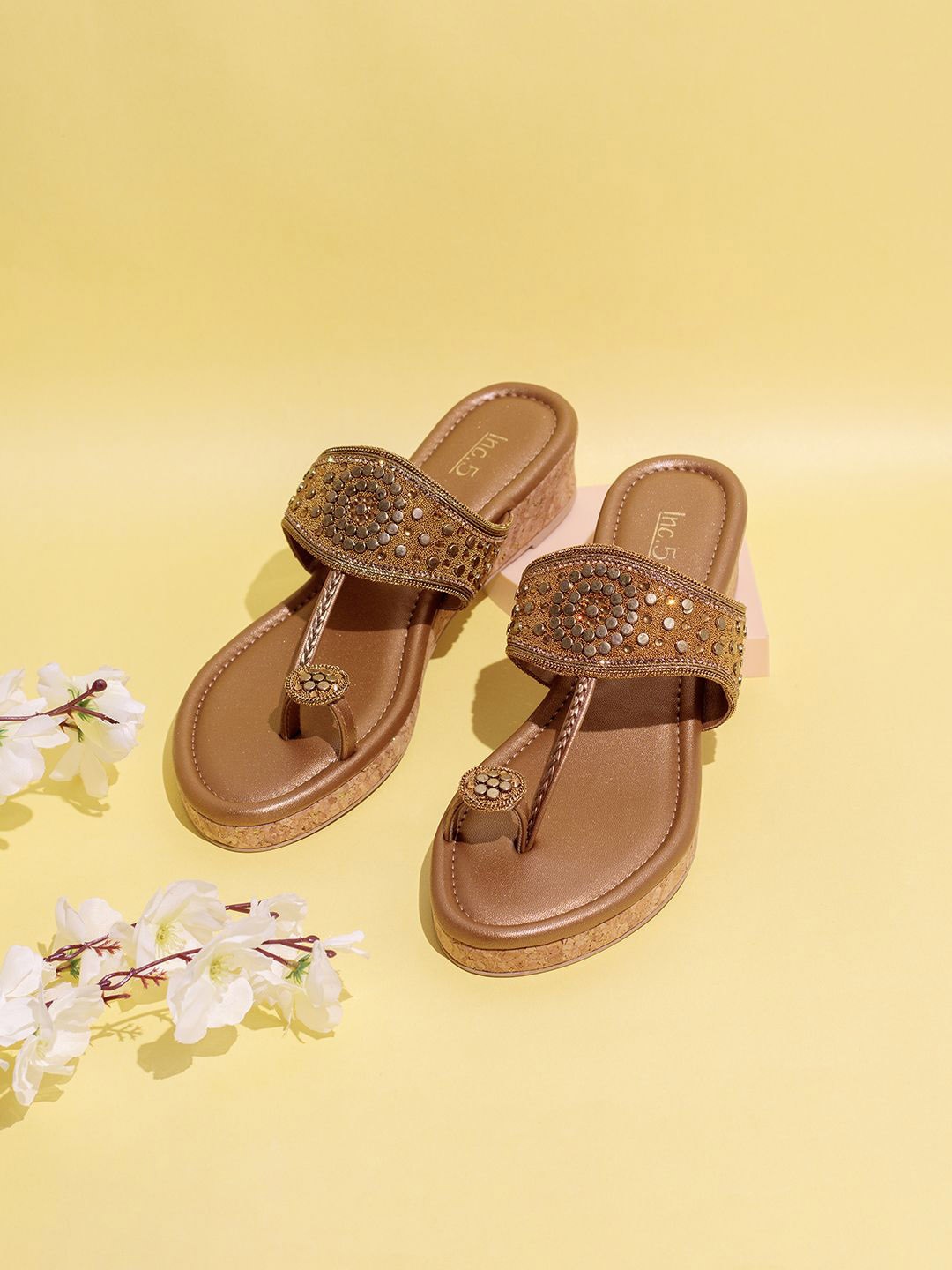 

Inc 5 Embellished Ethnic Wedge Sandals, Gold