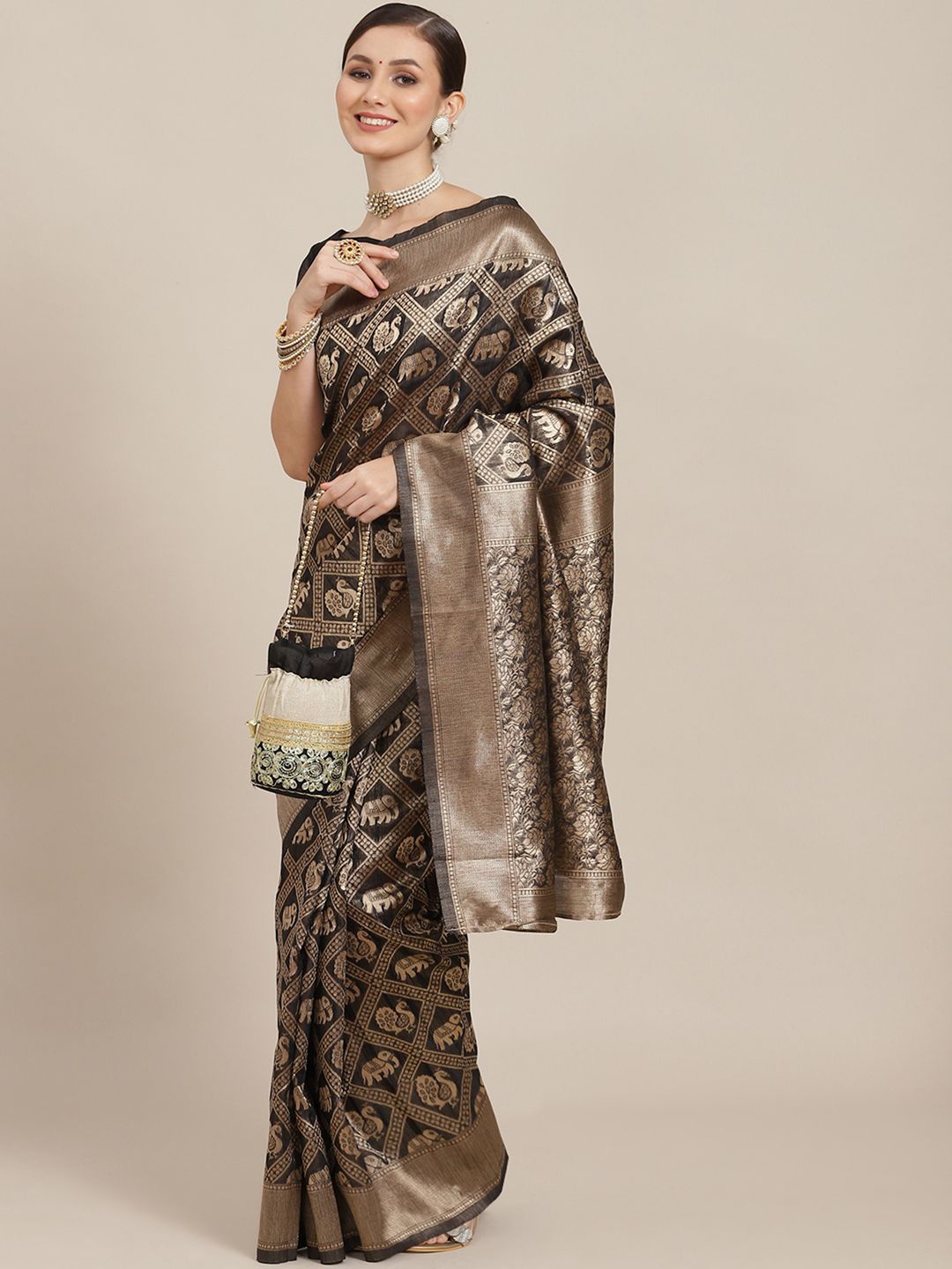 

Anouk Rustic Kalamkari Zari Patola Saree, Black