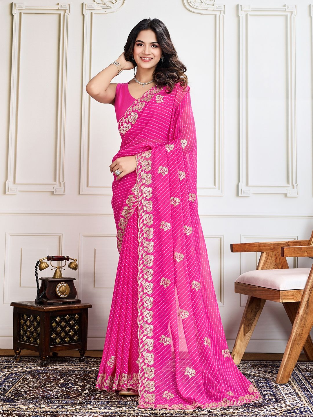 

House of Pataudi Embroidered Saree With Blouse Piece, Pink