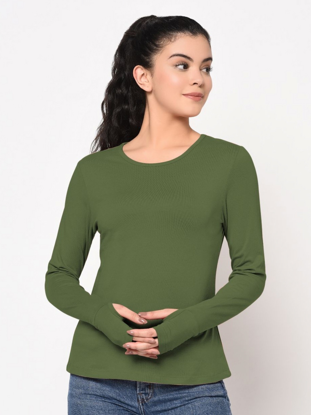 

Metronaut Women Drop-Shoulder Sleeves Raw Edge Slim Fit T-shirt, Olive