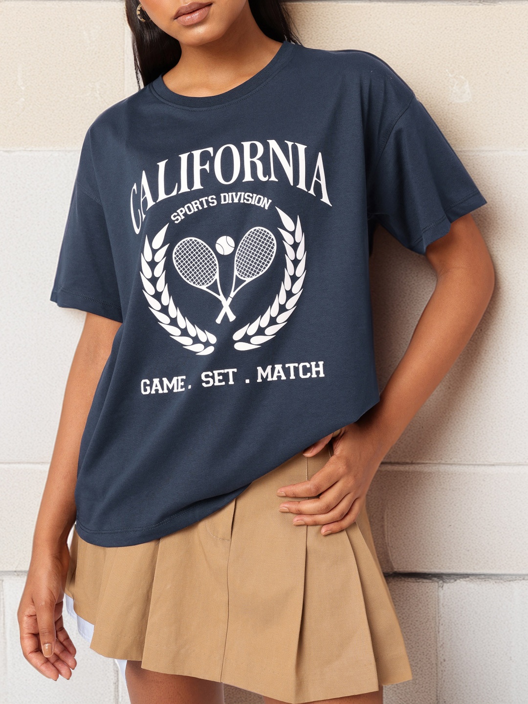 

DressBerry Edgy Street Printed Oversized T-shirt, Navy blue