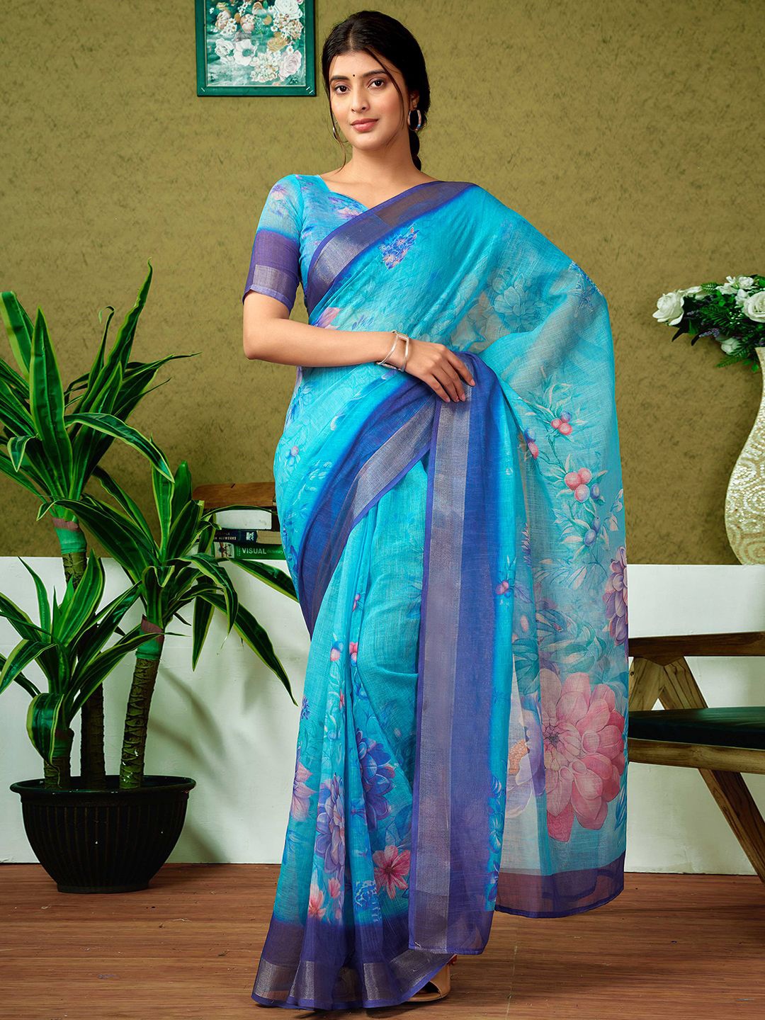 

all about you Floral Zari Pure Linen Ready to Wear Saree, Blue