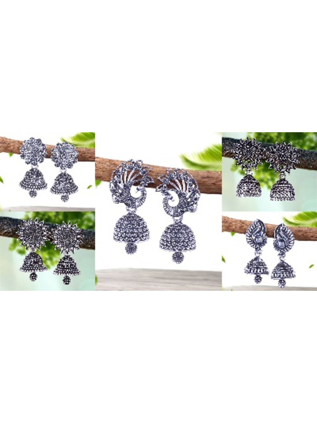 

MEENAZ Set Of 5 Silver-Plated Pearls Beaded Dome Shaped Oxidised Jhumkas