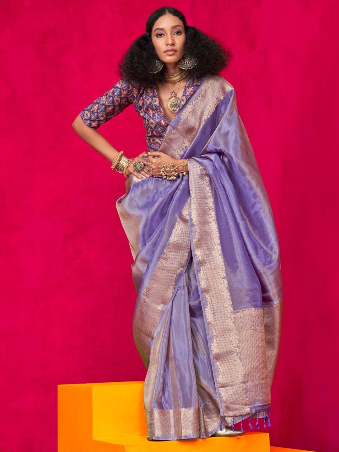 

DEVATITHI Pure Zari Tissue Handloom Silk Saree, Lavender