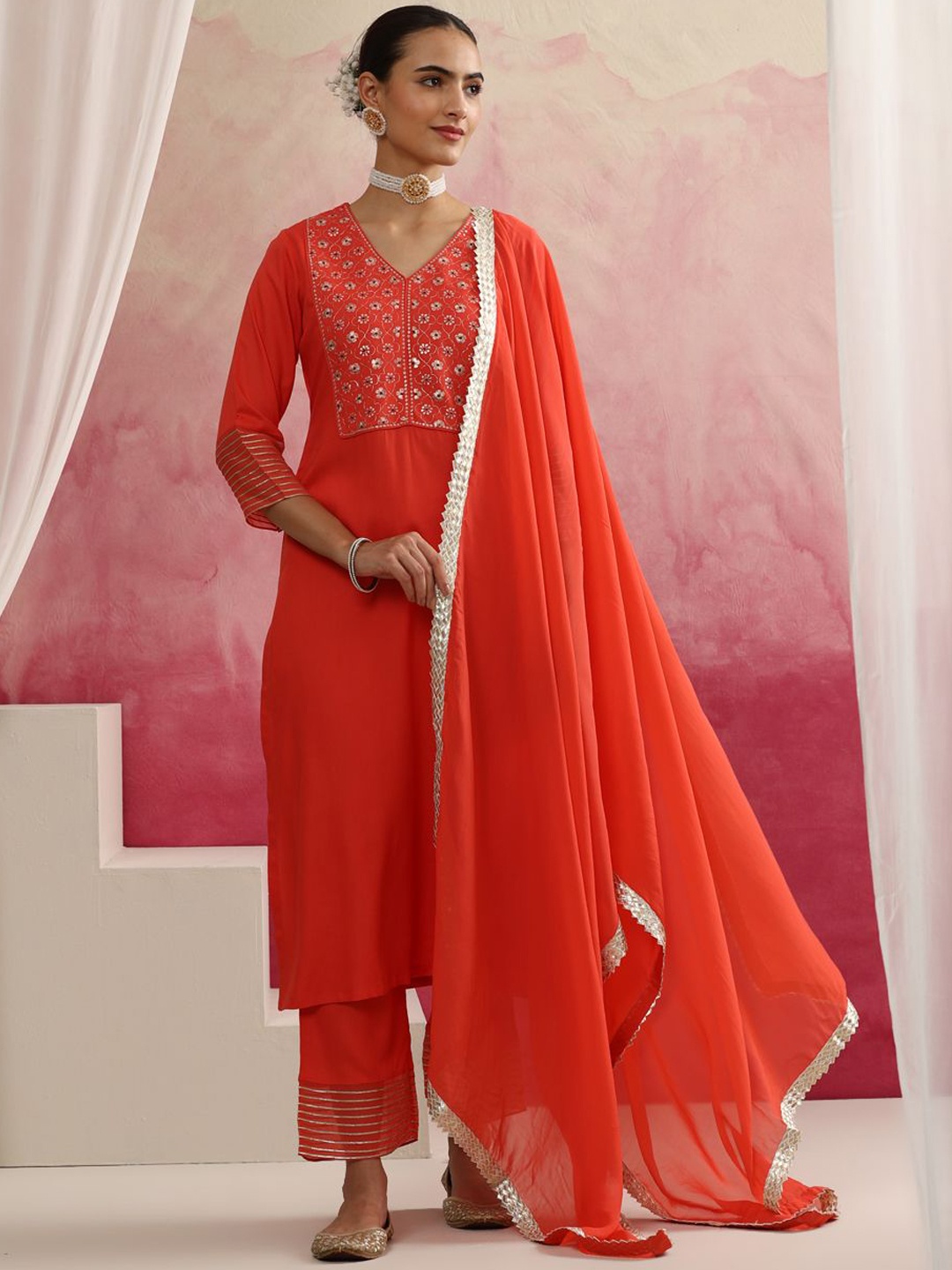 

Khushal K Women Regular Kurta with Palazzos & With Dupatta, Orange