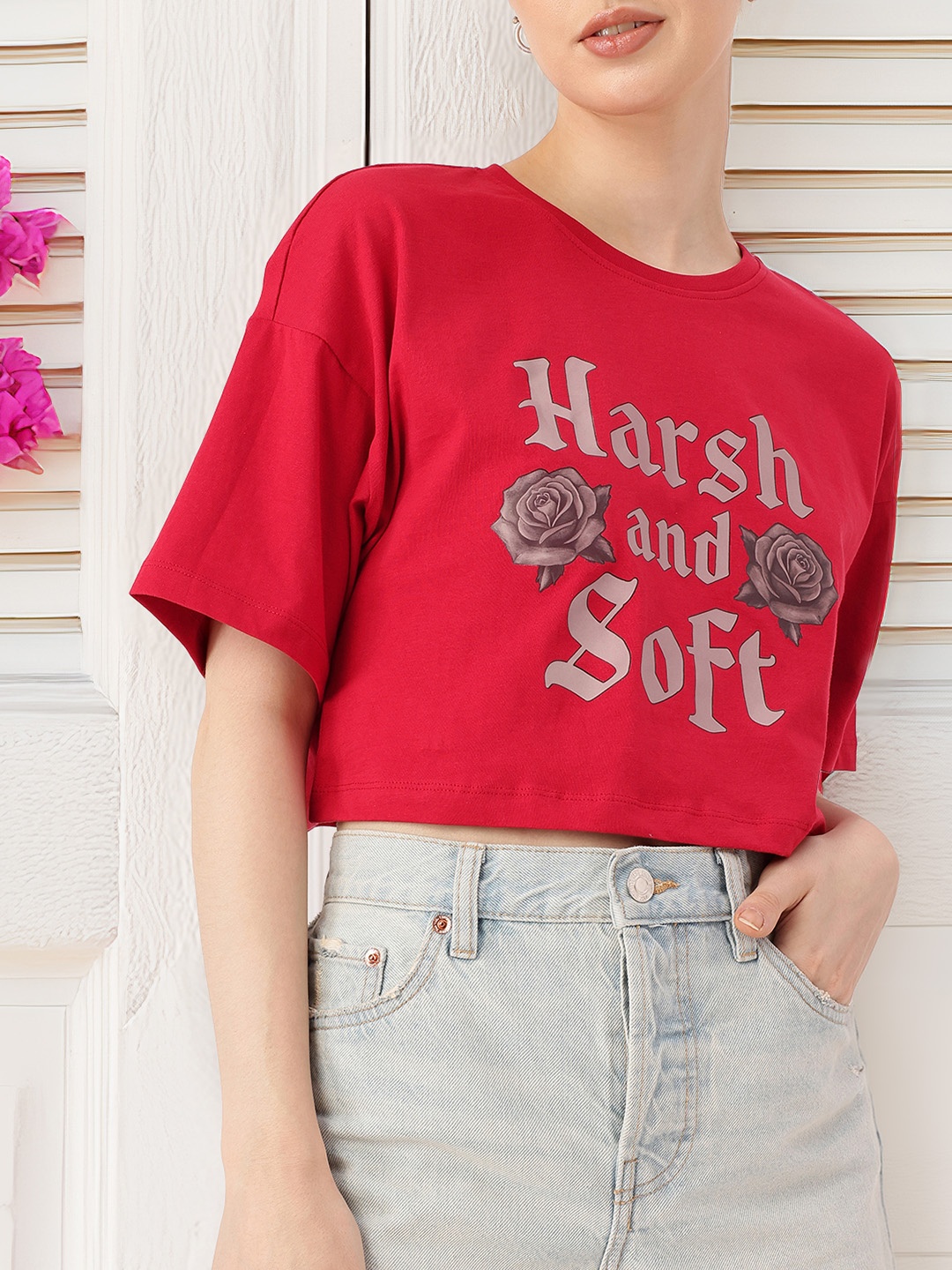 

DressBerry Cherry Red Soft Grunge Graphic Printed Boxy Fit Crop T-shirt