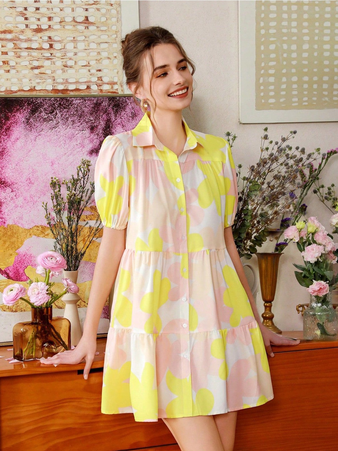 

Sugathari Floral Print Ruffled A-Line Midi Dress, Yellow