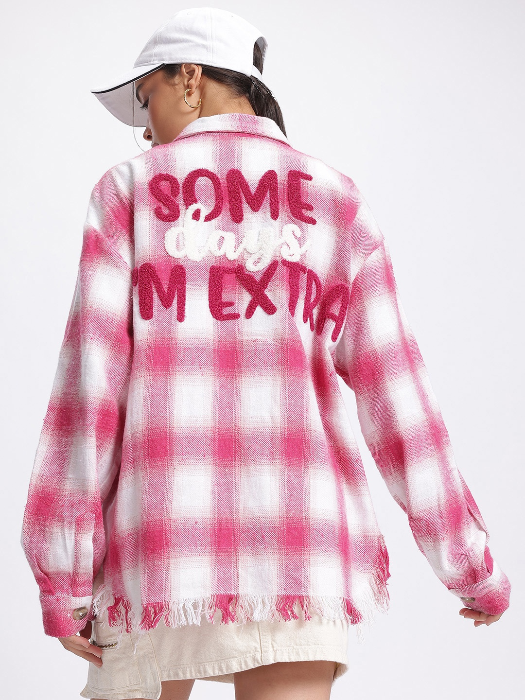 

glitchez Rugged Layers Tartan Checked Applique Back Frayed Hem Flannel Oversized Shirt, Pink