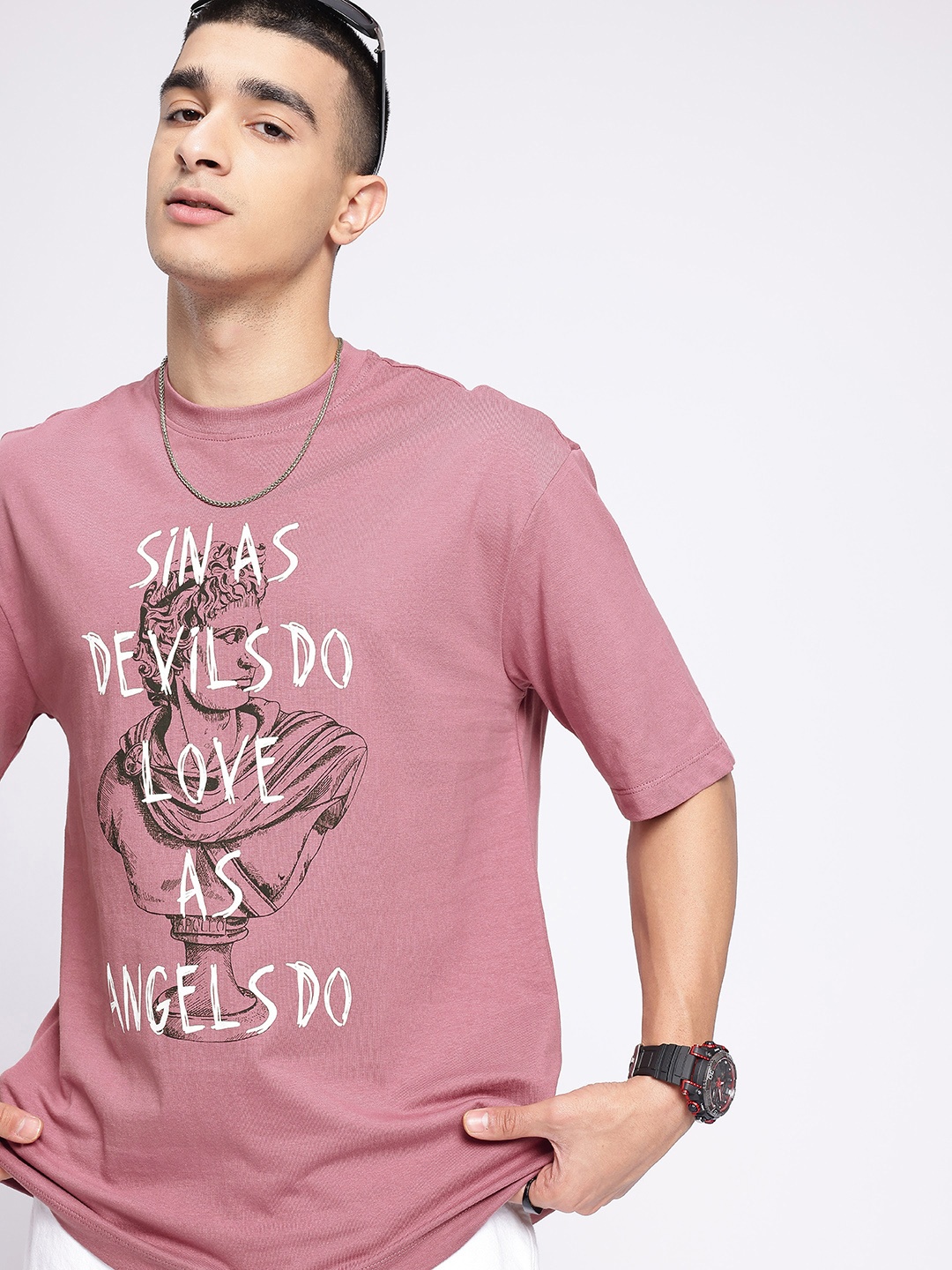 

glitchez Modern Cool Graphic & Typography Printed Relaxed Fit T-shirt, Mauve