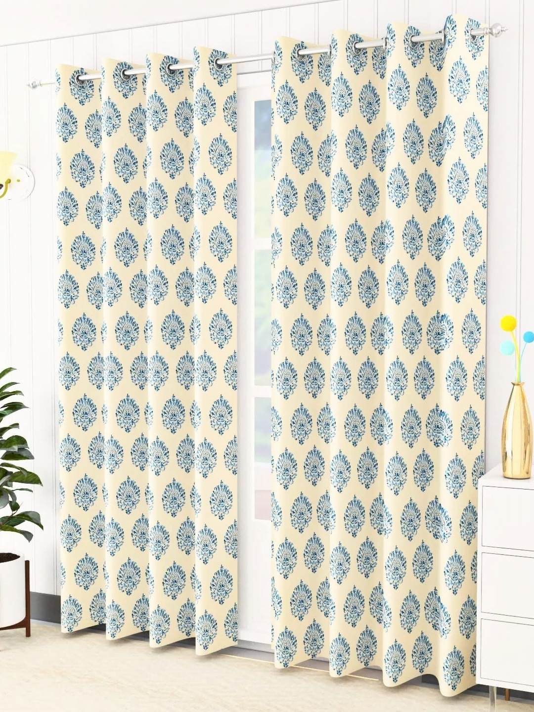 

Trance Home Linen Cream-Coloured & Blue 2 Pieces Printed Cotton Regular Window Curtain