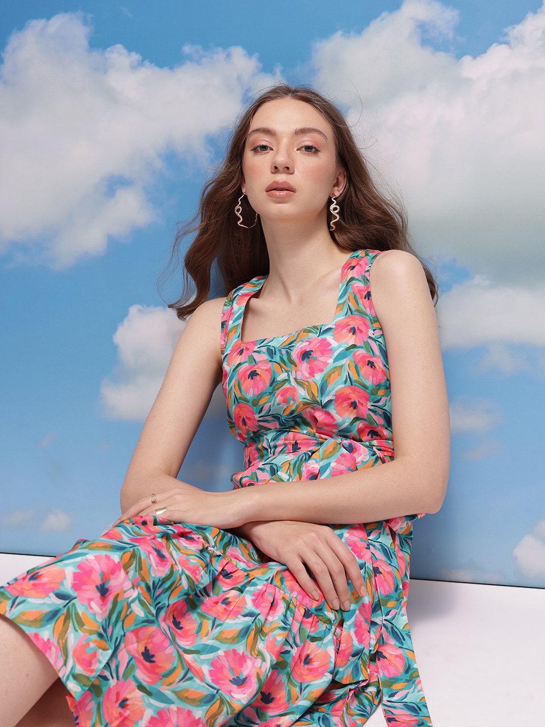 

CORSICA Floral Print Square Neck Tie-Ups A-Line Dress, Green