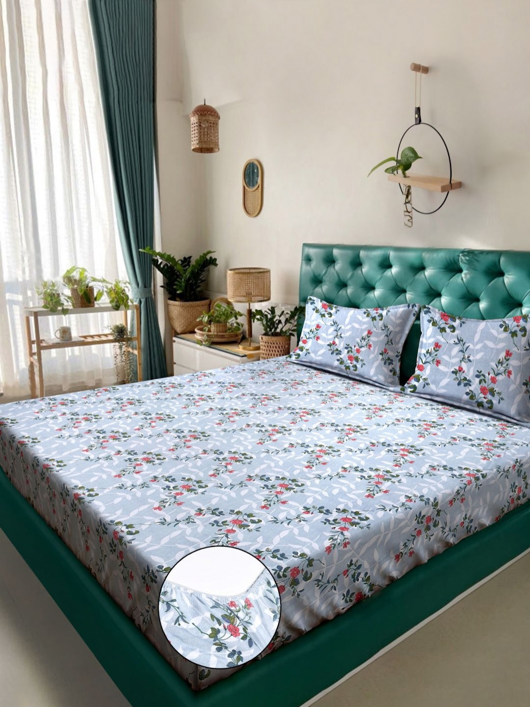 

KLOTTHE Grey& White Floral Printed Fitted 300TC Super King Double Bedsheet& 2 Pillow Cover