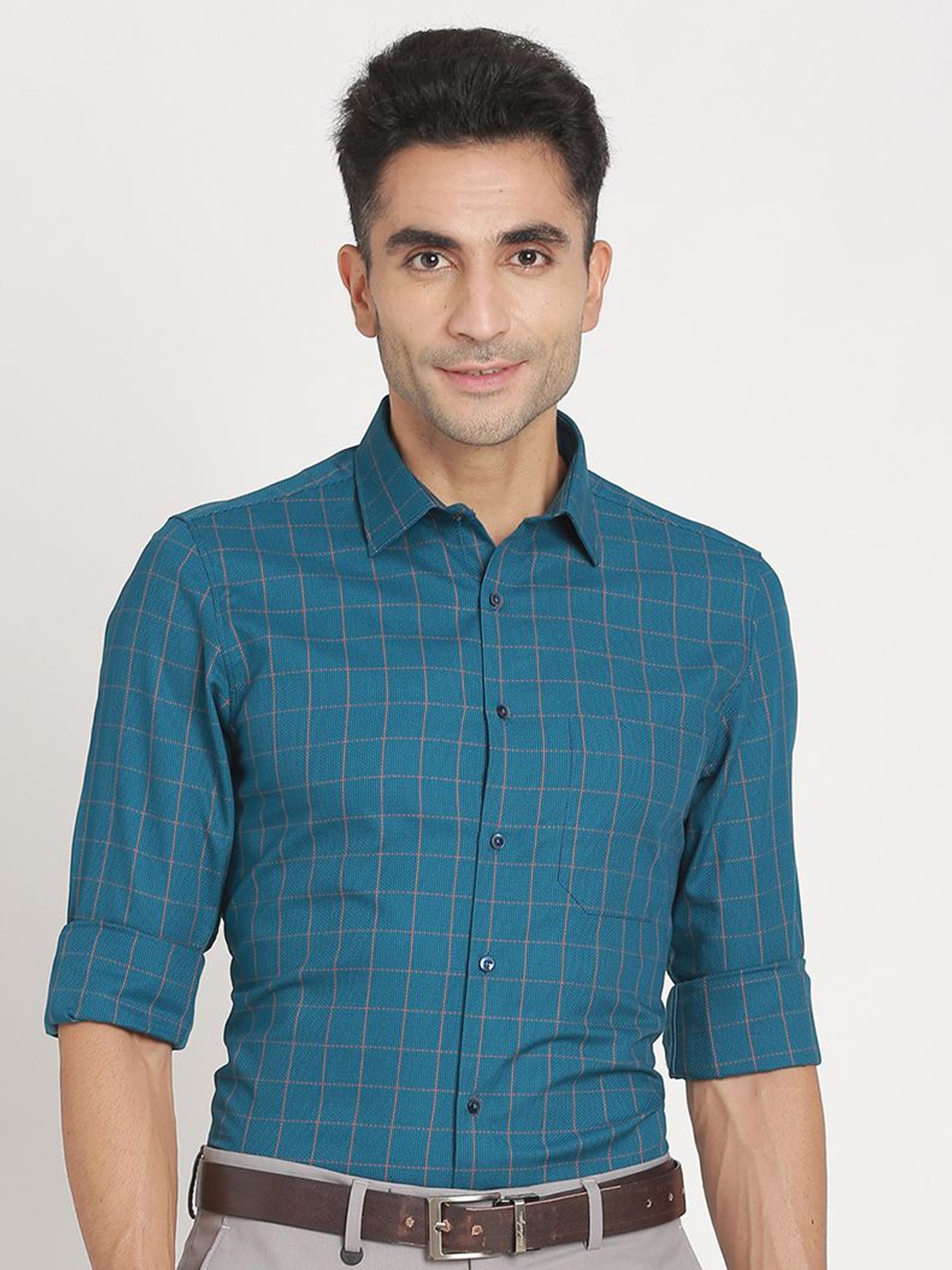 

Turtle Men Classic Slim Fit Opaque Checked Formal Shirt, Teal