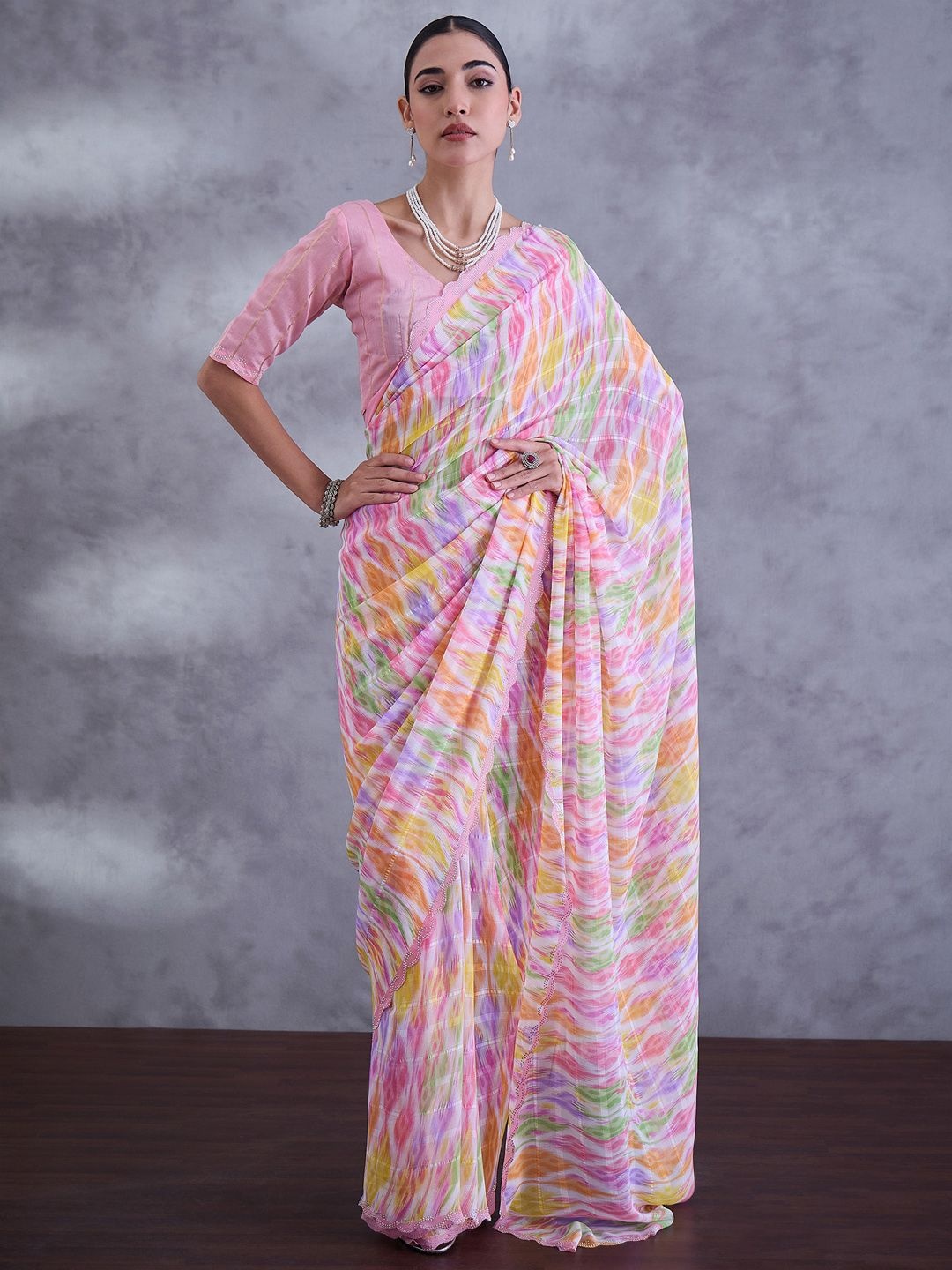 

Mitera Beads and Stones Poly Georgette Designer Saree, Pink