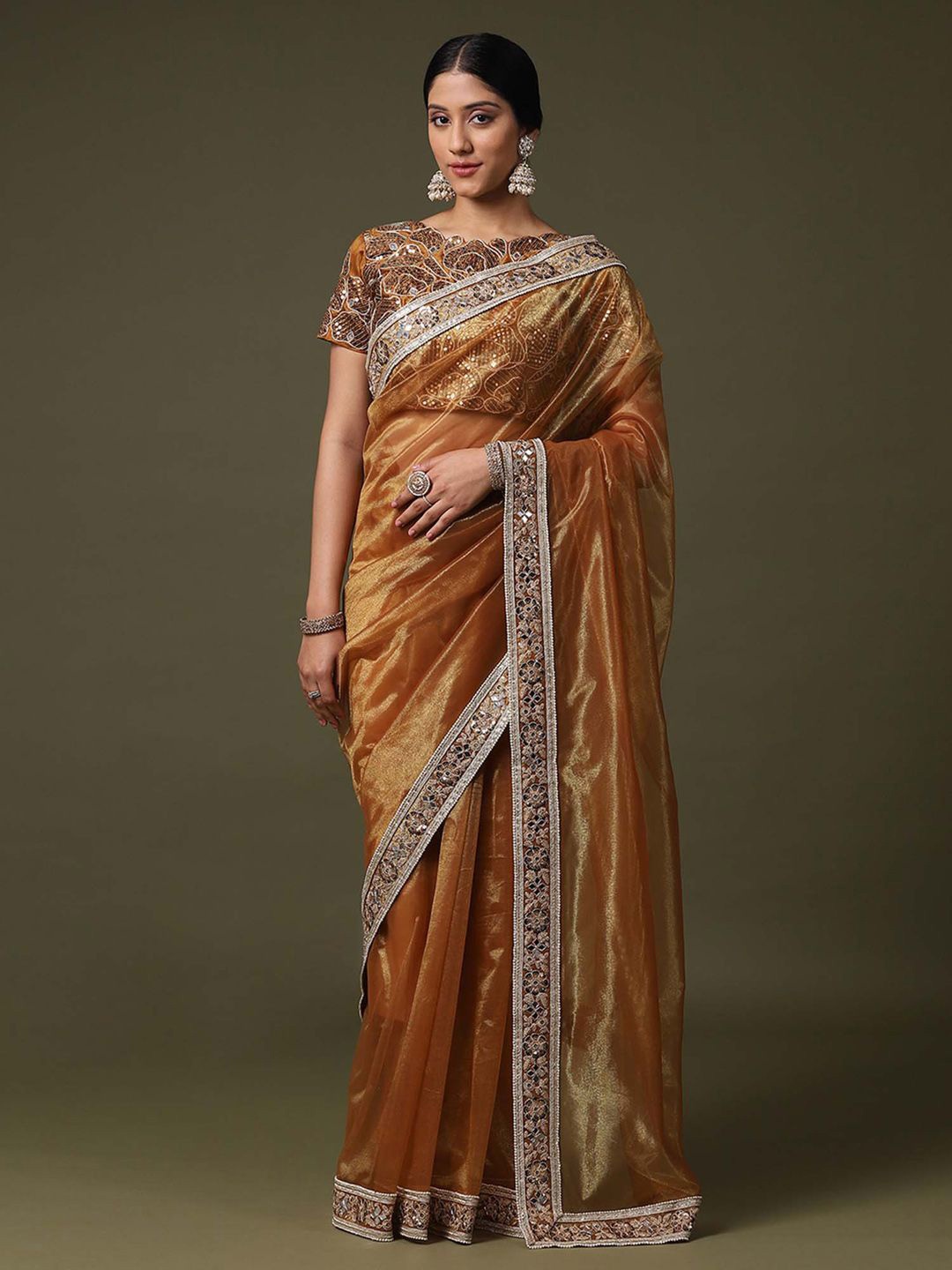 

Saree mall Mirror Work Net Sarees, Gold